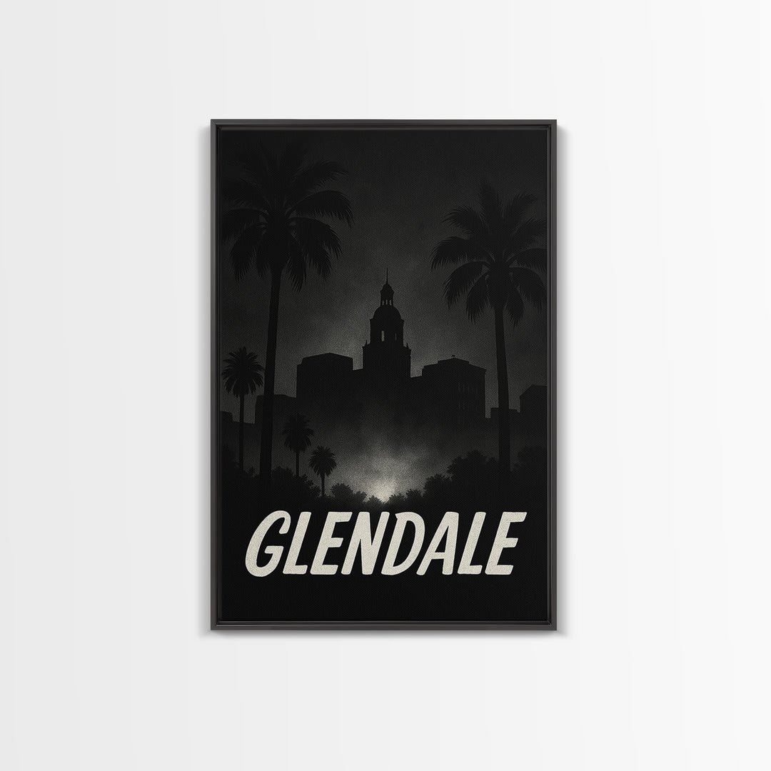 Glendale Travel Poster, Framed Canvas Print, Night Street Poster Art, Glendale Poster Print, Watercolor Skyline, City Illustration