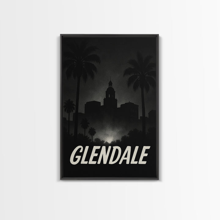 Glendale Travel Poster, Framed Canvas Print, Night Street Poster Art, Glendale Poster Print, Watercolor Skyline, City Illustration