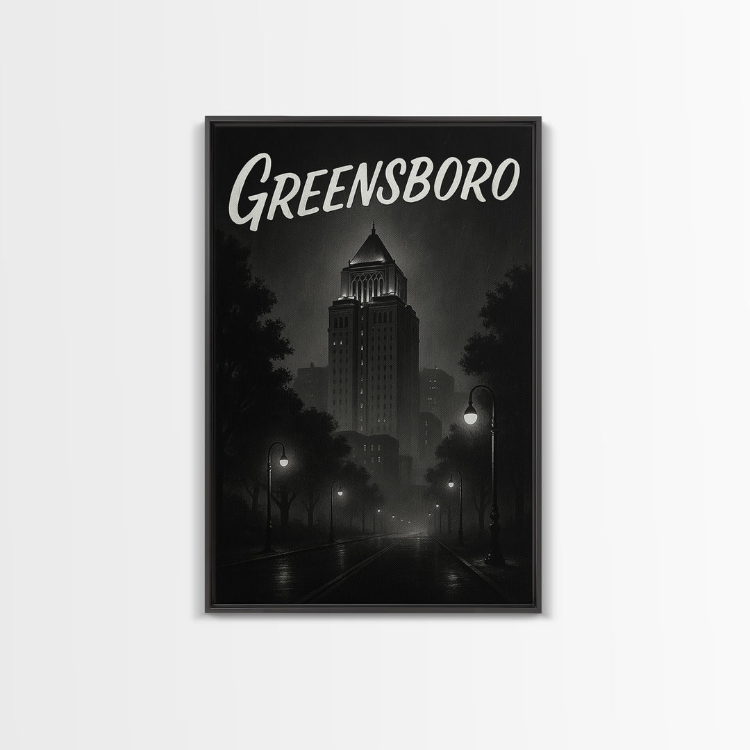 Greensboro Travel Poster, Framed Canvas Print, Black And White Travel Art, Greensboro Poster Print, Living Room Wall Art, Home Office Decor