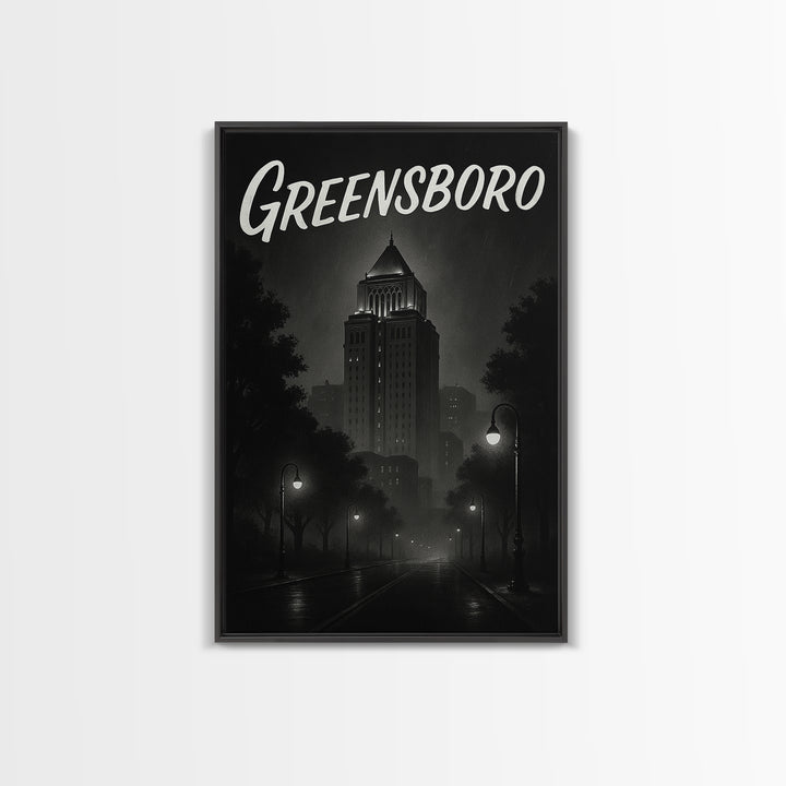 Greensboro Travel Poster, Framed Canvas Print, Black And White Travel Art, Greensboro Poster Print, Living Room Wall Art, Home Office Decor