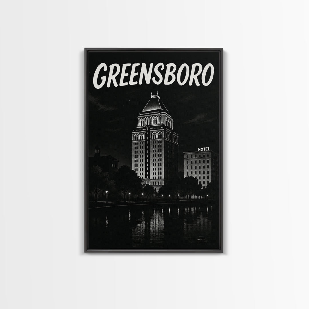 Greensboro Travel Poster, Framed Canvas Print, Black And White Travel Art, Greensboro City Art, Travel Poster Set, City Travel Prints