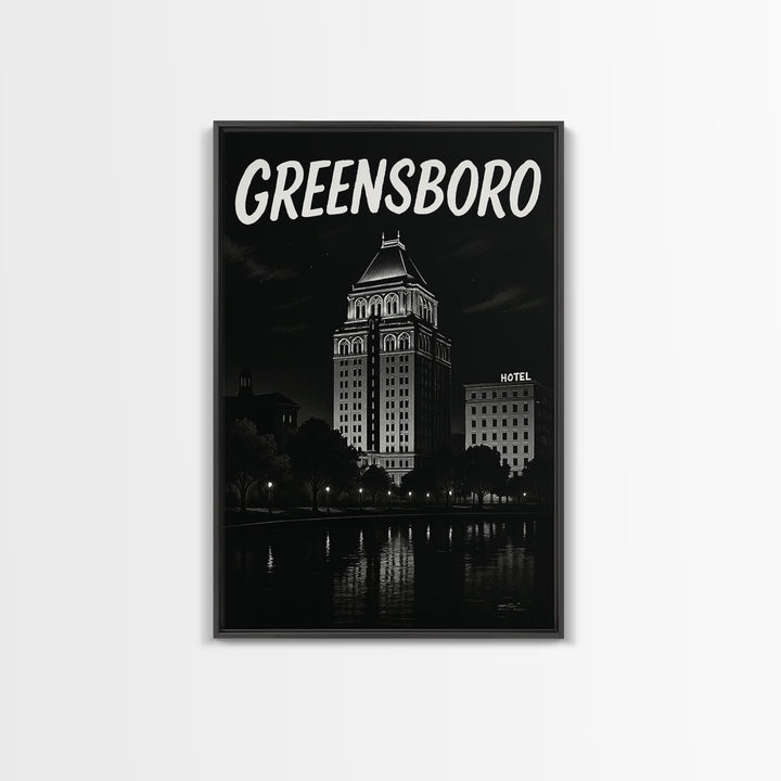 Greensboro Travel Poster, Framed Canvas Print, Black And White Travel Art, Greensboro City Art, Travel Poster Set, City Travel Prints