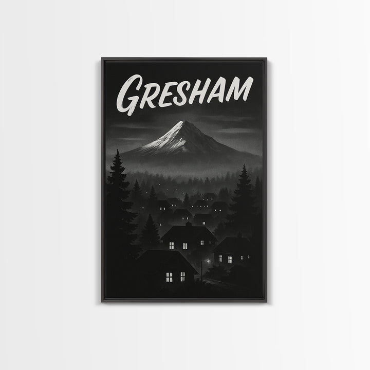 Gresham Oregon Travel Poster, Framed Canvas Print, Black And White Travel Art, Gresham City Art, Vintage City Poster, Travel Wall Art