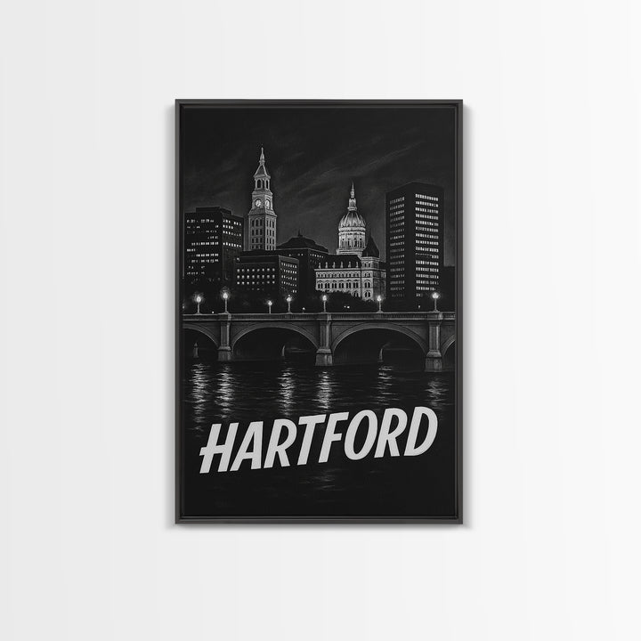 Hartford Connecticut Travel Poster, Framed Canvas Print, Dark Moody City Wall Art, Hartford Poster Print, Travel Art Print, Wanderlust Decor