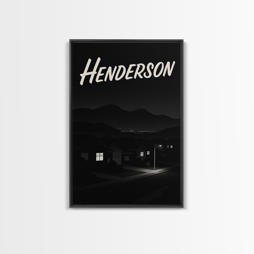 Henderson Travel Poster, Framed Canvas Print, Dark Moody City Wall Art, Henderson Art Print, Vintage Travel Print, City Illustration