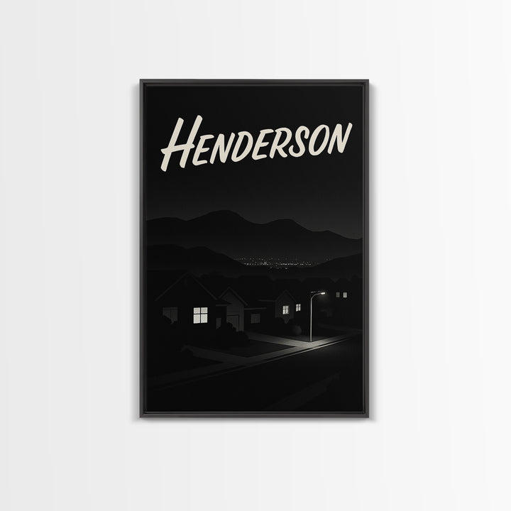 Henderson Travel Poster, Framed Canvas Print, Dark Moody City Wall Art, Henderson Art Print, Vintage Travel Print, City Illustration