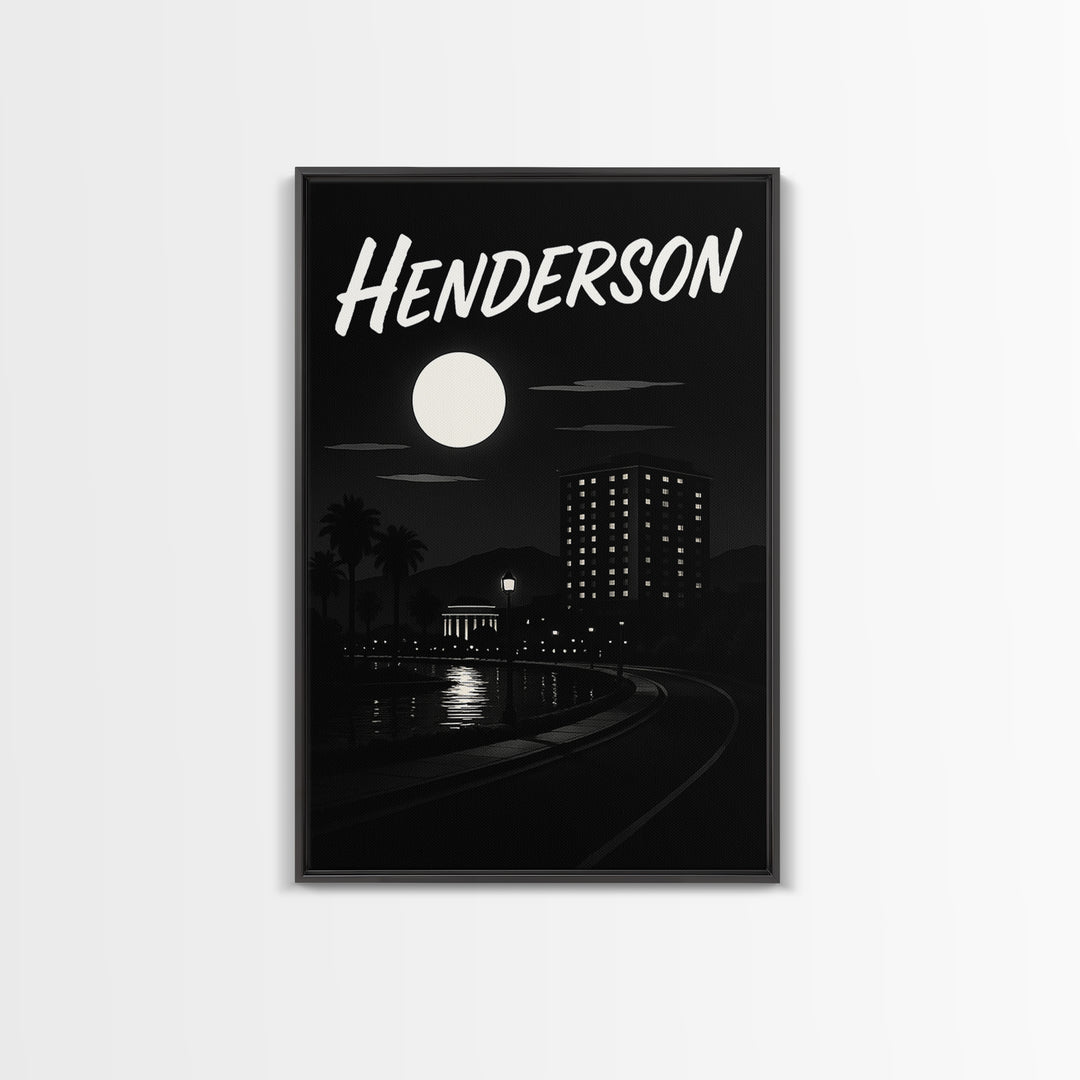 Henderson Travel Poster, Framed Canvas Print, Dark Moody City Wall Art, Henderson Art Print, Gift For Travelers, Modern Wall Decor