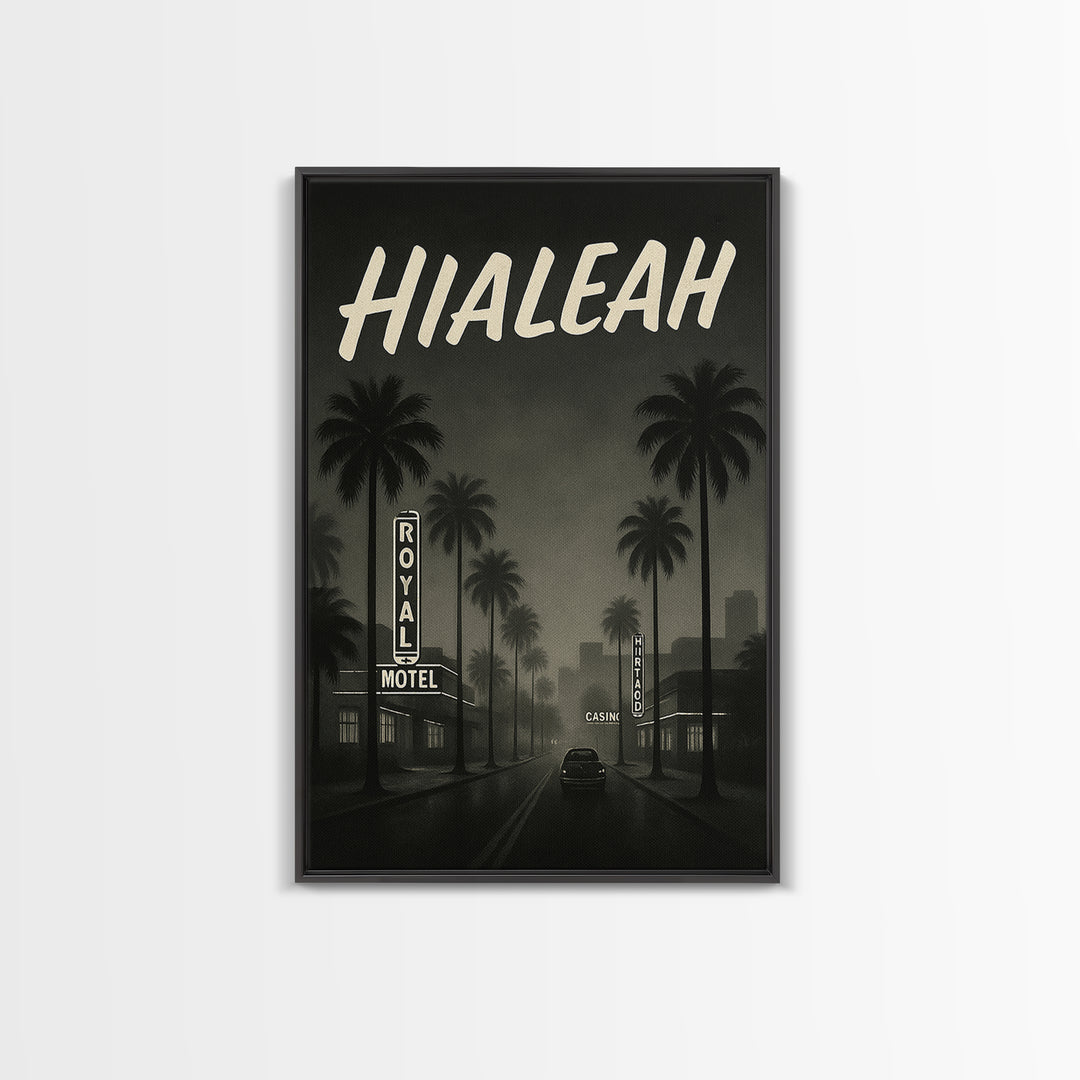 Hialeah Florida Travel Poster, Framed Canvas Print, Dark Moody City Wall Art, Hialeah Poster Print, Living Room Wall Art, Fine Art Print