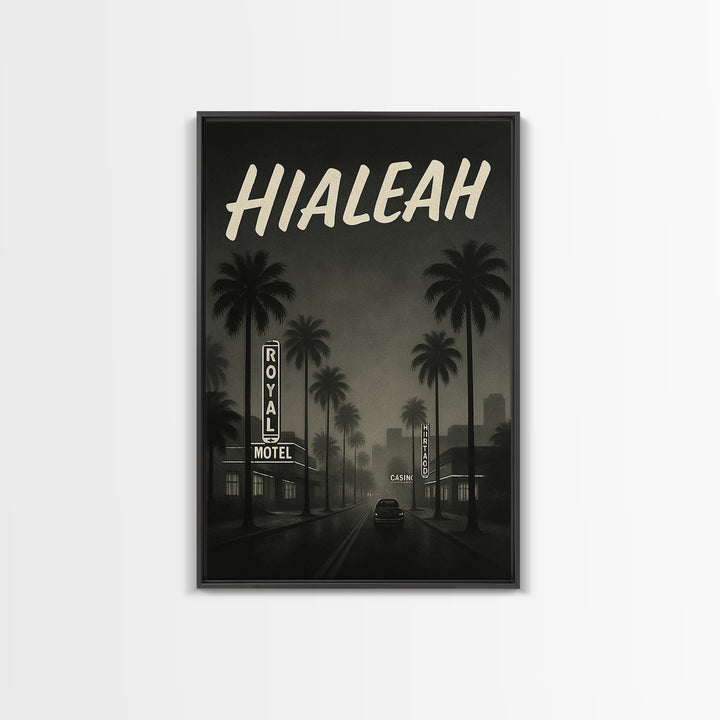 Hialeah Florida Travel Poster, Framed Canvas Print, Dark Moody City Wall Art, Hialeah Poster Print, Living Room Wall Art, Fine Art Print