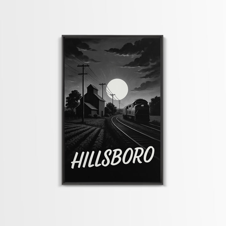 Hillsboro Travel Poster, Canvas Print, Dark Moody City Wall Art, Hillsboro Art Print, Living Room Wall Art, Vintage Travel Art