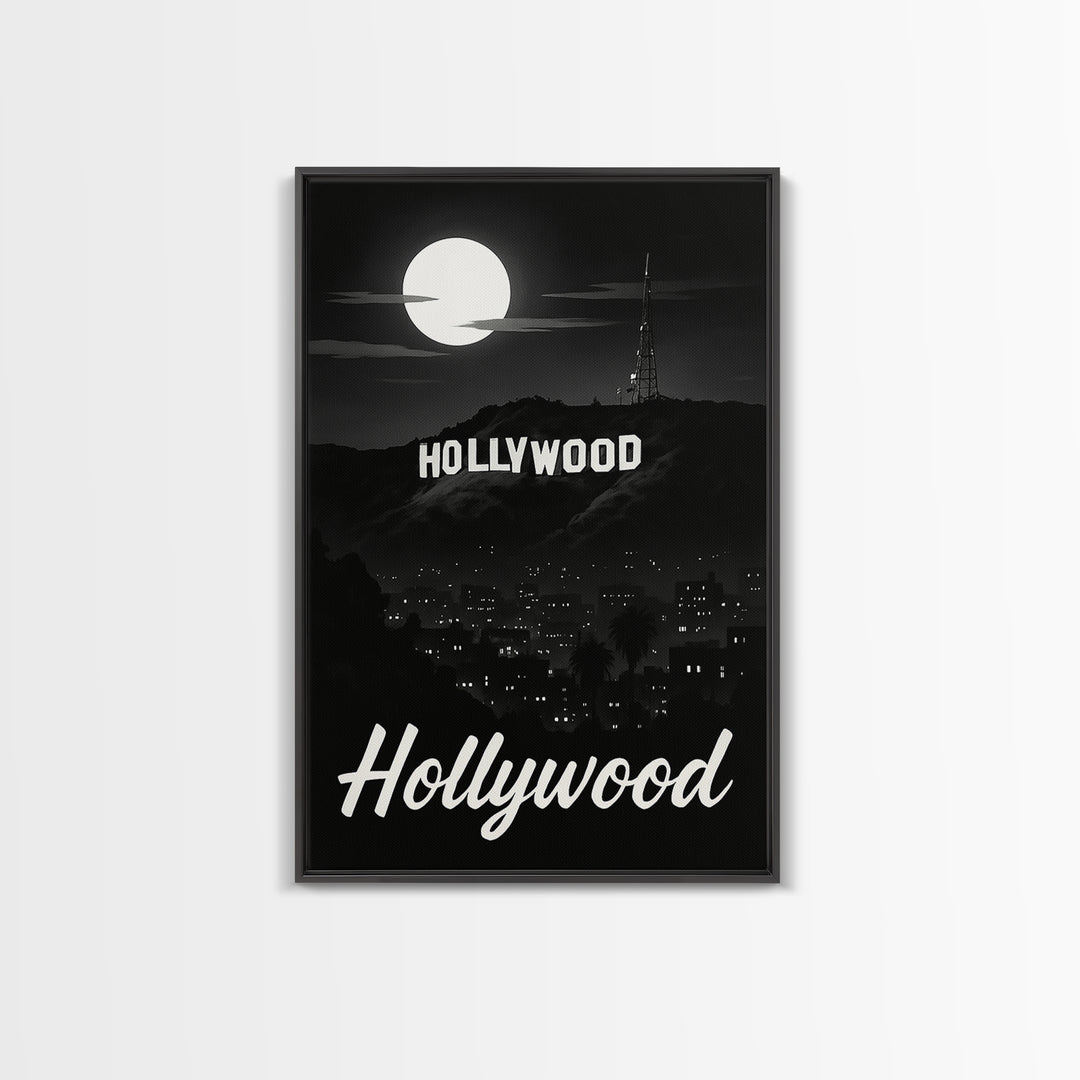 Hollywood Travel Poster, Framed Canvas Print, Night Street Poster Art, Hollywood Wall Art, Travel Poster Set, Travel Wall Art, Design 2