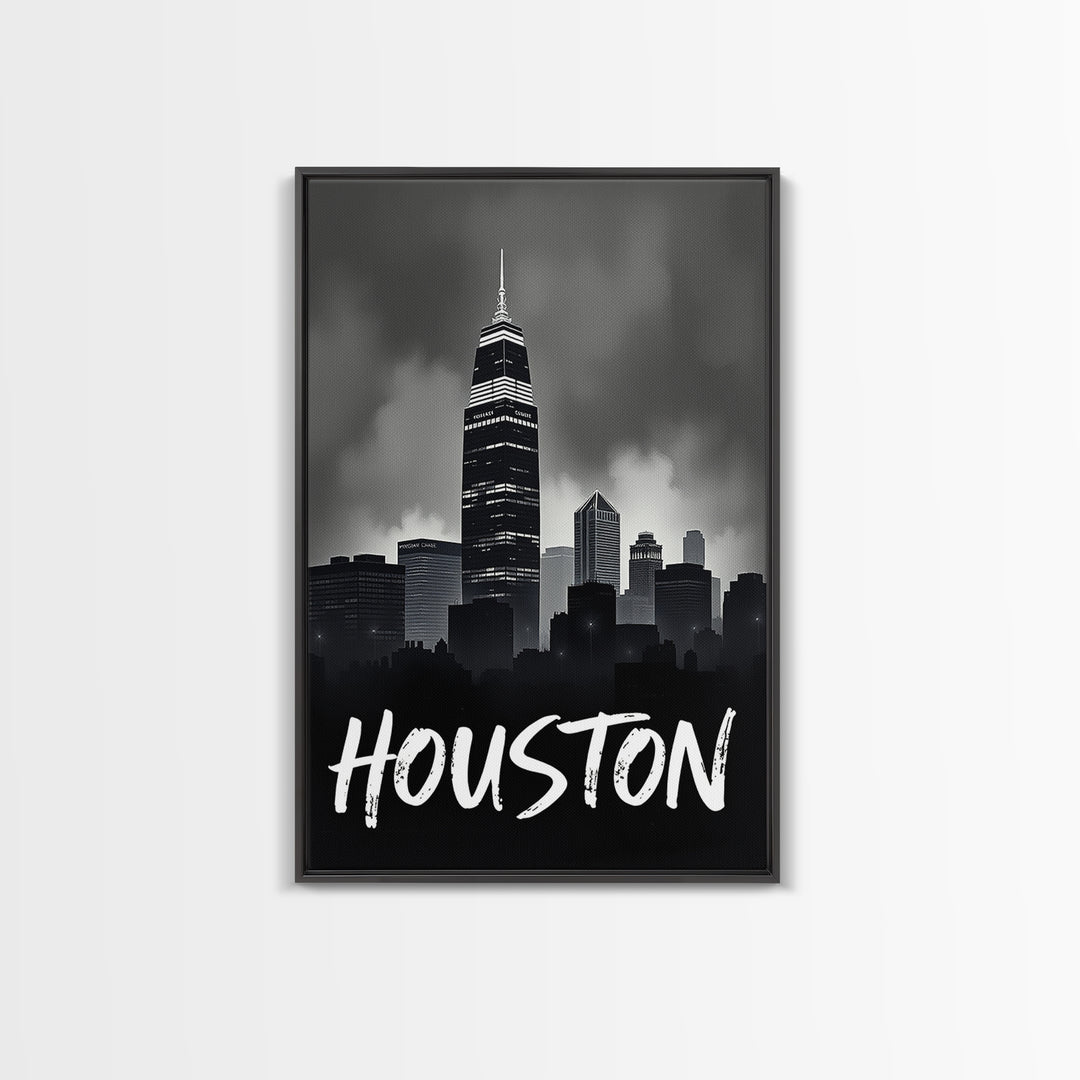 Houston Travel Poster, Framed Canvas Print, Black And White Travel Art, Houston Art Print, Retro Travel Print, City Travel Prints