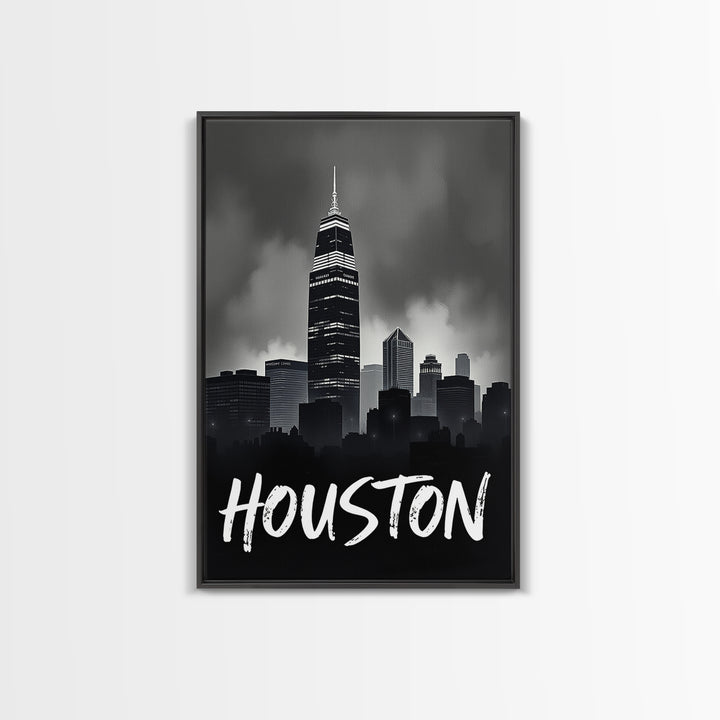 Houston Travel Poster, Framed Canvas Print, Black And White Travel Art, Houston Art Print, Retro Travel Print, City Travel Prints