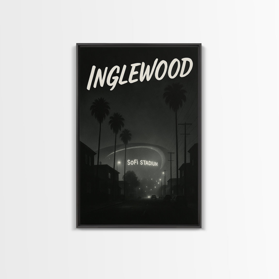 Inglewood California Travel Poster, Framed Canvas Print, Night Street Poster Art, Inglewood City Art, City Illustration, Vintage City Poster