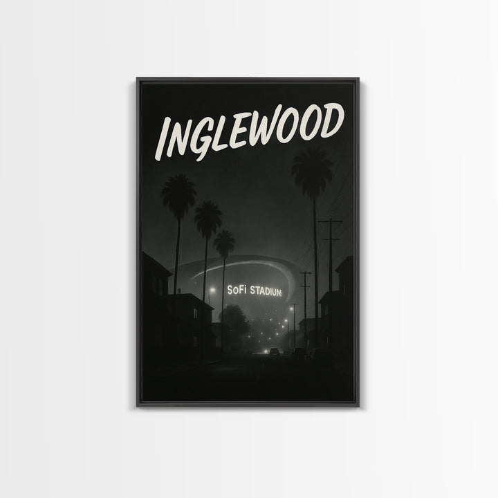 Inglewood California Travel Poster, Framed Canvas Print, Night Street Poster Art, Inglewood City Art, City Illustration, Vintage City Poster