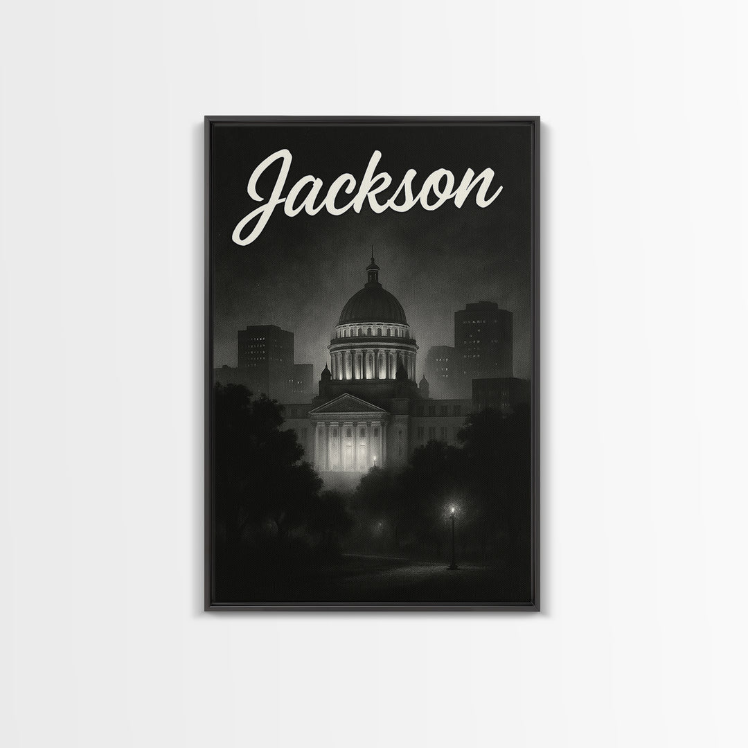 Jackson Mississippi Travel Poster, Framed Canvas Print, Dark Moody City Wall Art, Jackson City Art, City Illustration, Retro Travel Print