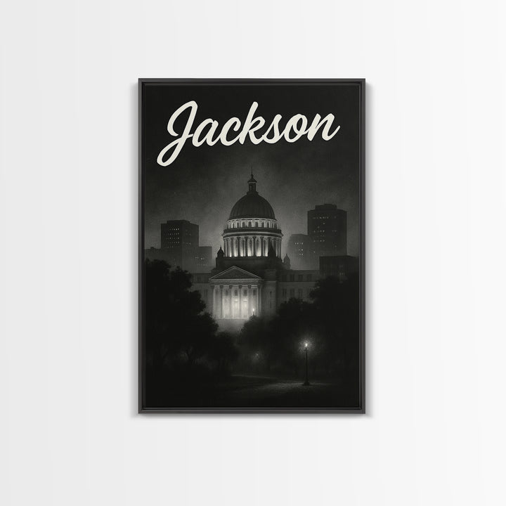Jackson Mississippi Travel Poster, Framed Canvas Print, Dark Moody City Wall Art, Jackson City Art, City Illustration, Retro Travel Print