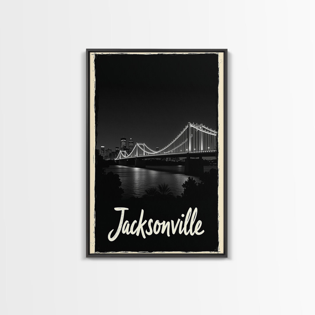 Jacksonville Travel Poster, Framed Canvas Print, Black And White Travel Art, Jacksonville Art Print, Retro Travel Print, Home Office Decor