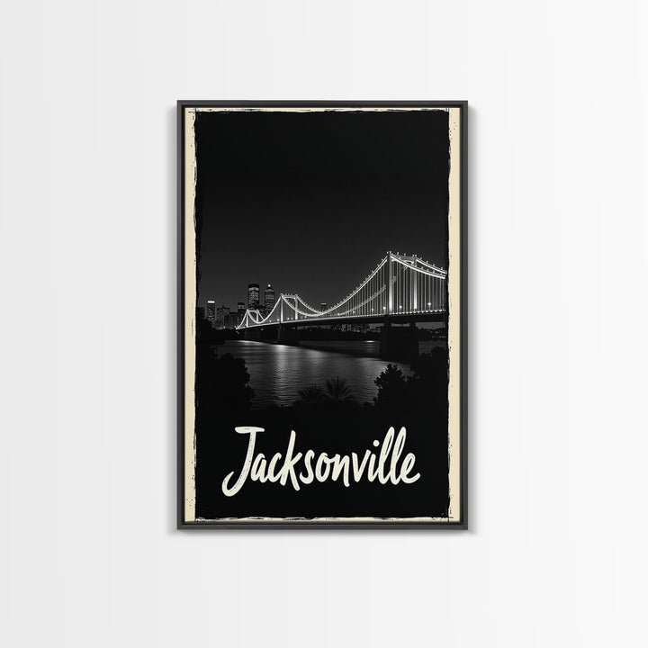 Jacksonville Travel Poster, Framed Canvas Print, Black And White Travel Art, Jacksonville Art Print, Retro Travel Print, Home Office Decor