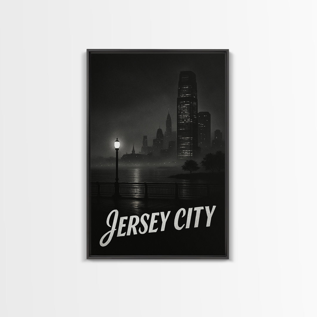 Jersey City Travel Poster, Framed Canvas Print, Vintage Noir Poster Art, Jersey City Wall Art, City Travel Prints, Vintage Travel Art
