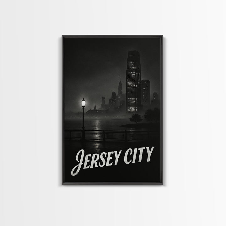 Jersey City Travel Poster, Framed Canvas Print, Vintage Noir Poster Art, Jersey City Wall Art, City Travel Prints, Vintage Travel Art