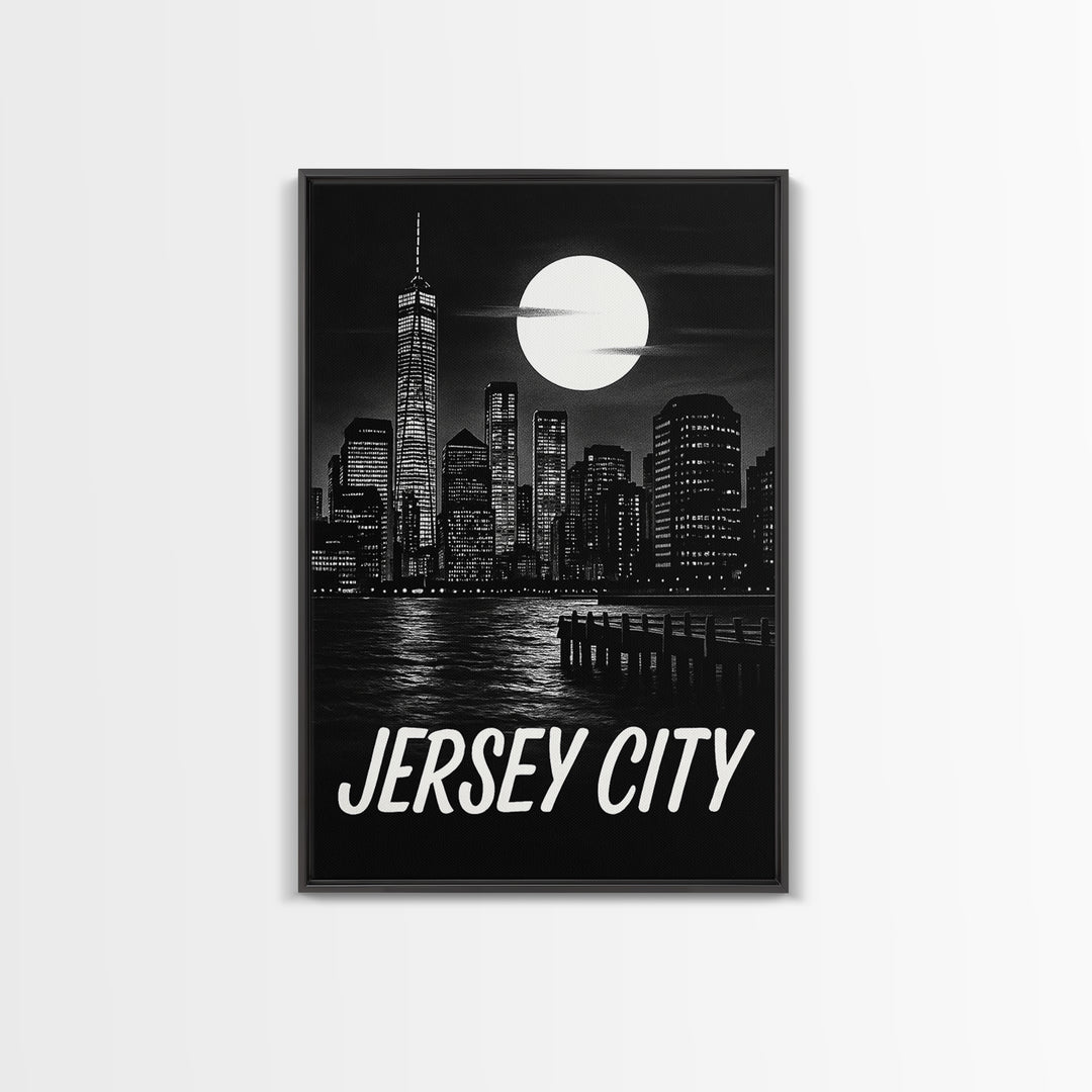 Jersey City Travel Poster, Framed Canvas Print, Vintage Noir Poster Art, Jersey City Travel Art, Vintage Travel Print, Vintage City Poster