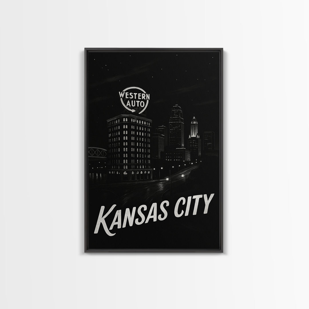 Kansas City Missouri Travel Poster, Canvas Print, Dark Moody City Wall Art, Kansas City Poster Print, City Illustration, Eclectic Wall Decor