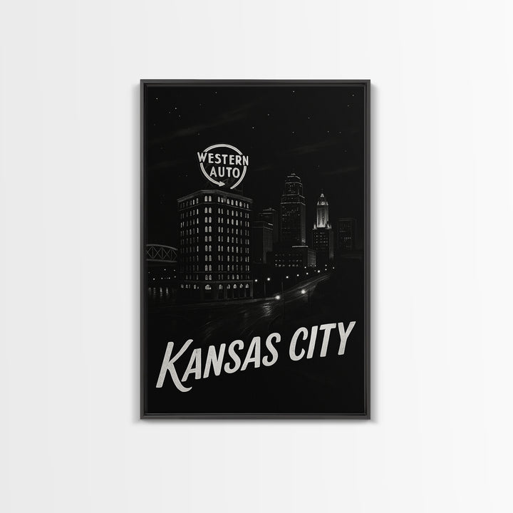 Kansas City Missouri Travel Poster, Canvas Print, Dark Moody City Wall Art, Kansas City Poster Print, City Illustration, Eclectic Wall Decor
