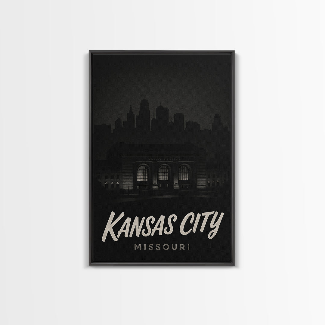 Kansas City Travel Poster, Canvas Print, Dark Moody City Wall Art, Kansas City Wall Art, Travel Wall Art, City Travel Prints, Home Decor