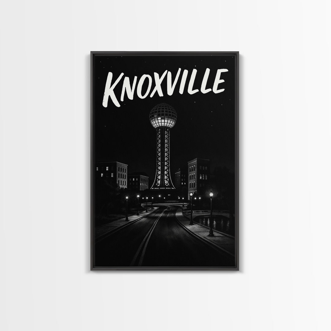 Knoxville Travel Poster, Framed Canvas Print, Black And White Travel Art, Knoxville Travel Art, Retro Travel Print, Watercolor Skyline Art