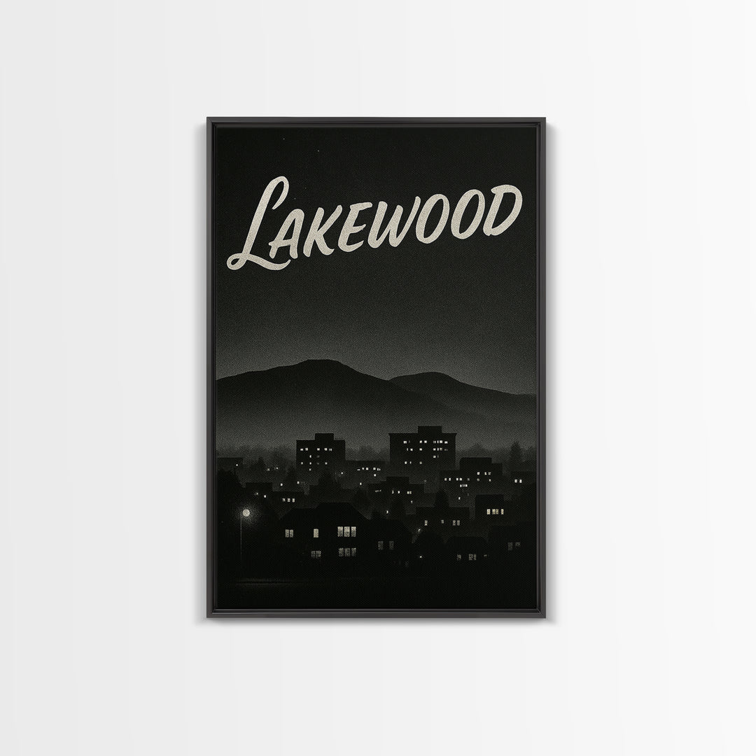 Lakewood Travel Poster, Framed Canvas Print, Night Street Poster Art, Lakewood Travel Art, Living Room Wall Art, Mid Century Wall Art