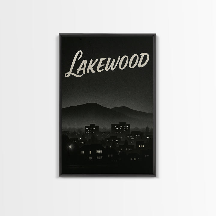 Lakewood Travel Poster, Framed Canvas Print, Night Street Poster Art, Lakewood Travel Art, Living Room Wall Art, Mid Century Wall Art