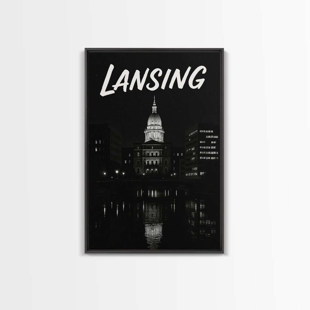 Lansing Michigan Travel Poster, Canvas Print, Dark Moody City Wall Art, Lansing City Art, Travel Poster Set, Travel Art Print, Wall Art
