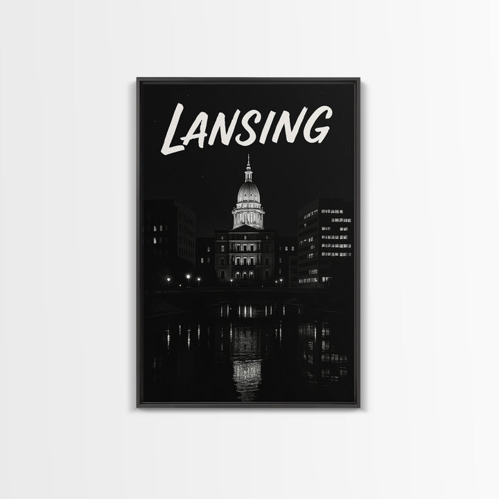 Lansing Michigan Travel Poster, Canvas Print, Dark Moody City Wall Art, Lansing City Art, Travel Poster Set, Travel Art Print, Wall Art