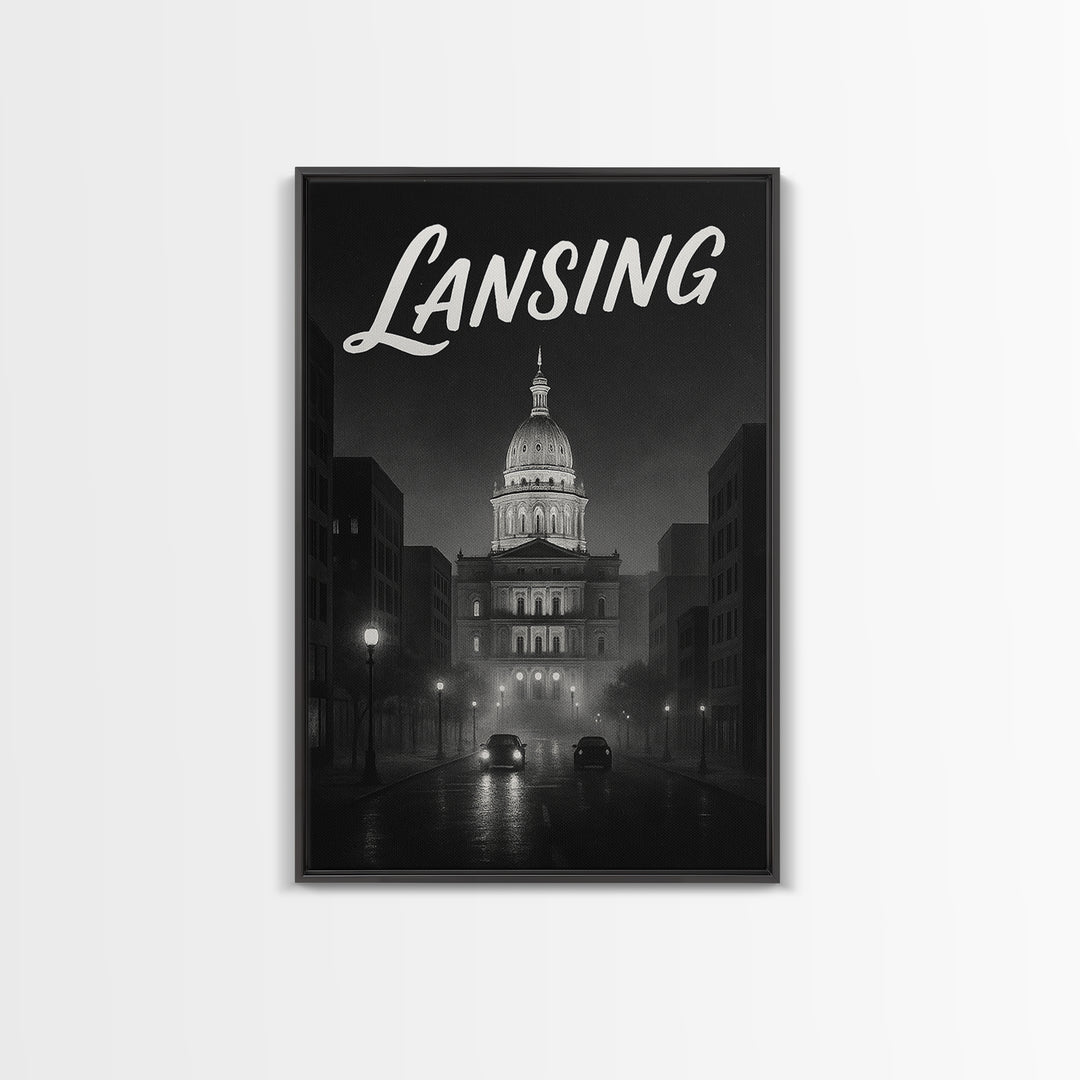 Lansing Travel Poster, Framed Canvas Print, Black And White Travel Art, Lansing Poster Print, Vintage City Art, Living Room Wall Art