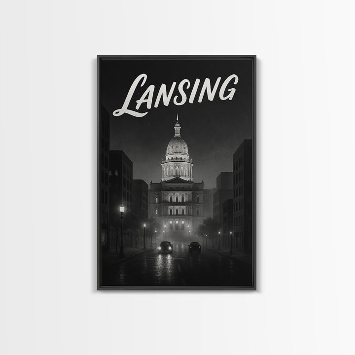 Lansing Travel Poster, Framed Canvas Print, Black And White Travel Art, Lansing Poster Print, Vintage City Art, Living Room Wall Art