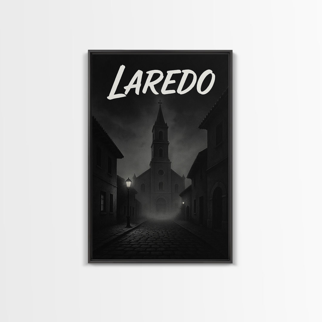 Laredo Travel Poster, Framed Canvas Print, Black And White Travel Art, Laredo Art Print, Retro Travel Print, Home Office Decor