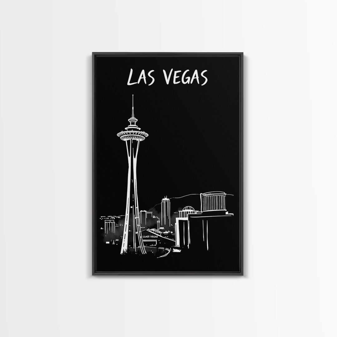 Las Vegas Travel Poster, Framed Canvas Print, Dark Moody City Wall Art, Las Vegas Wall Art, Mid Century Wall Art, Retro Travel Print