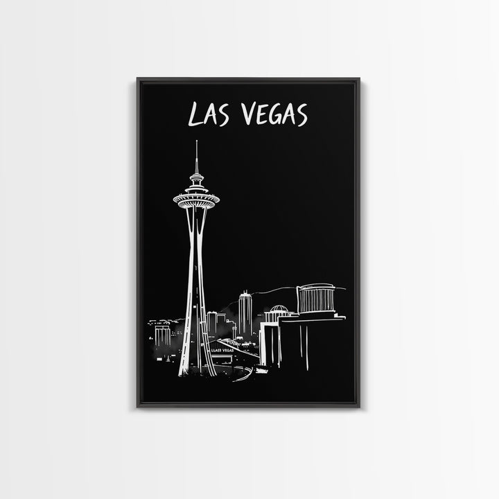 Las Vegas Travel Poster, Framed Canvas Print, Dark Moody City Wall Art, Las Vegas Wall Art, Mid Century Wall Art, Retro Travel Print