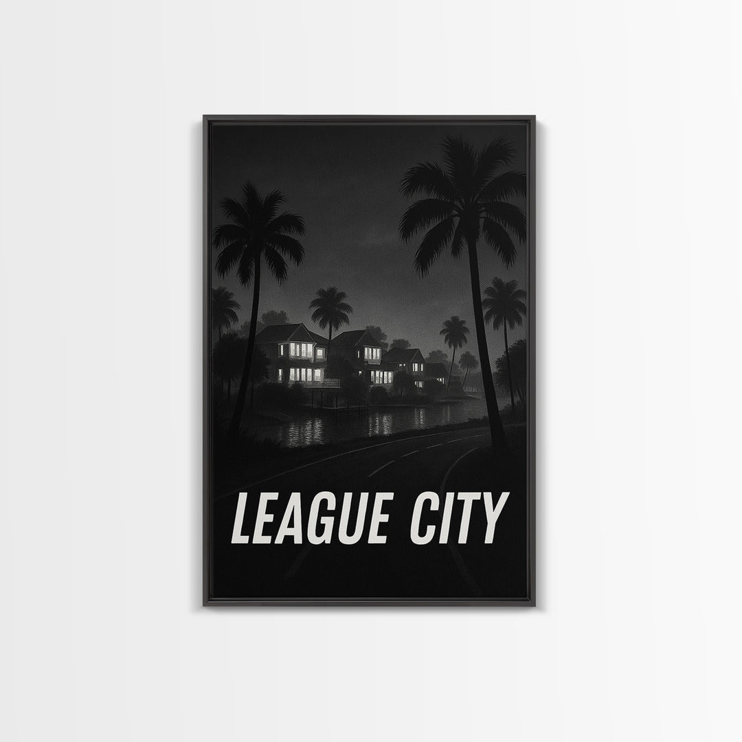 League City Texas Travel Poster, Framed Canvas Print, Night Street Poster Art, League City Art Print, Retro Travel Print, Travel Wall Art