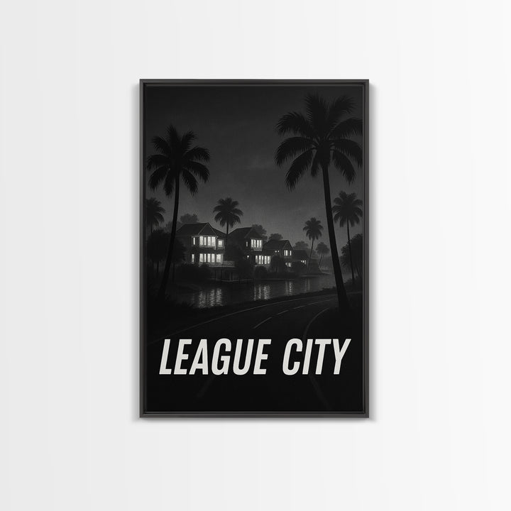League City Texas Travel Poster, Framed Canvas Print, Night Street Poster Art, League City Art Print, Retro Travel Print, Travel Wall Art
