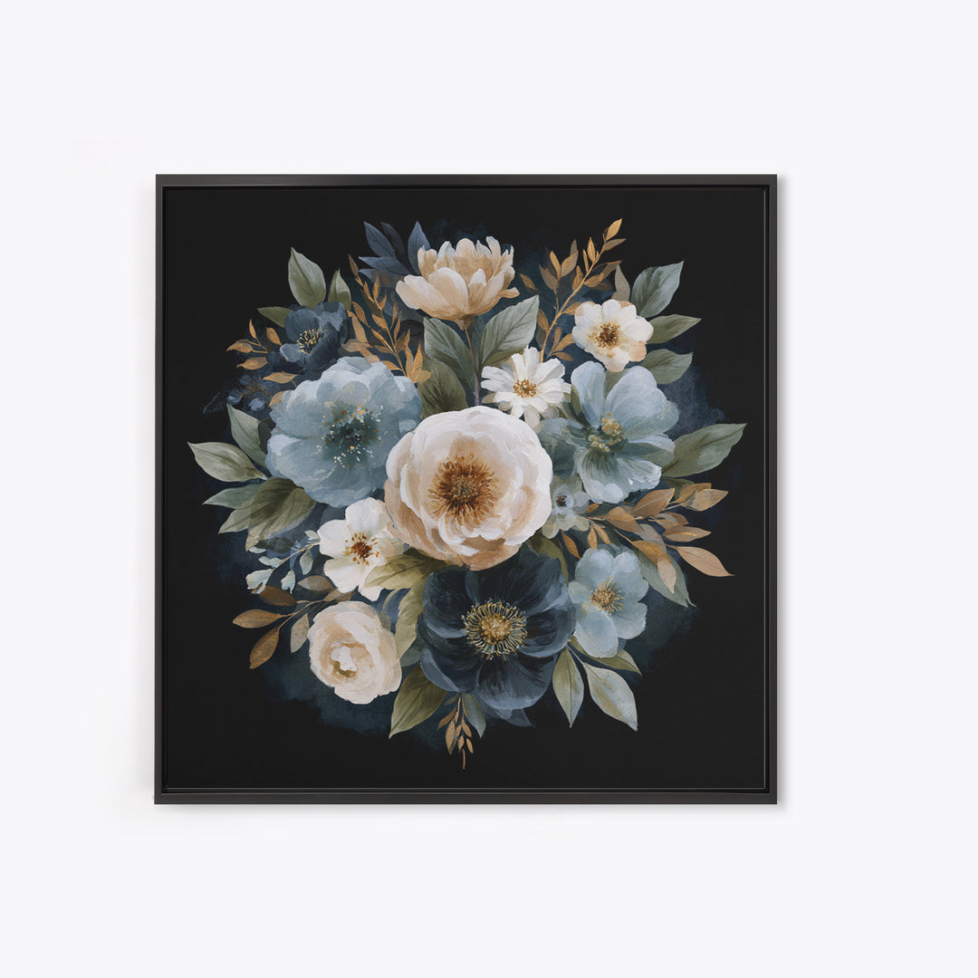Moody Dark Background Bouquet for Formal Dining Framed Canvas Print, Dining Room Art, Kitchen Decor, Dining Room Decor, Dining, DRA-1x1-11
