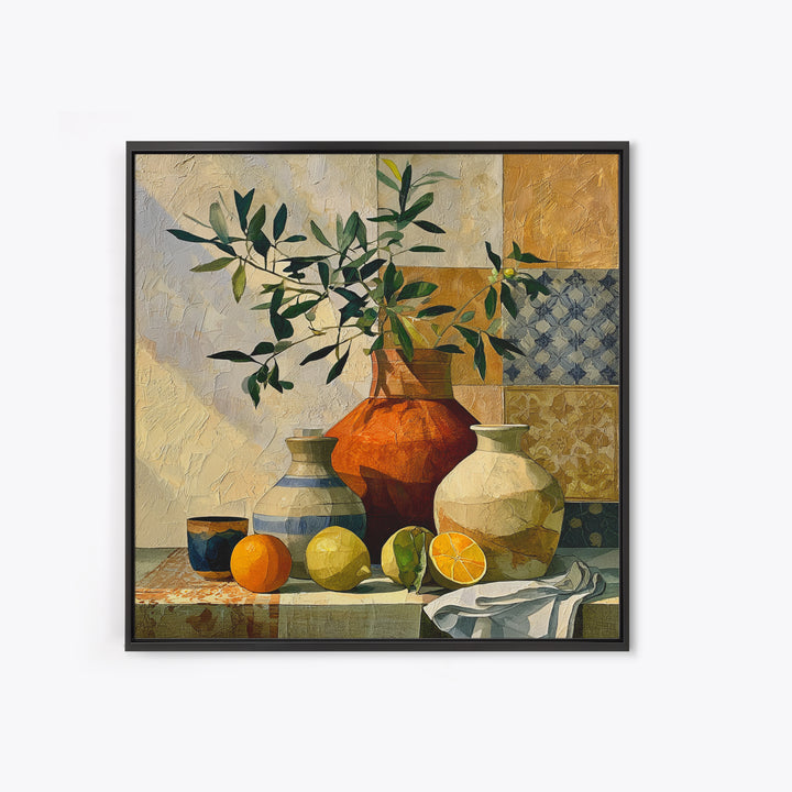Mediterranean Olive Branch and Citrus Arrangement Framed Canvas Print, Dining Room Art, Print, Dining Room Decor, Oil Painting, DRA-1x1-12