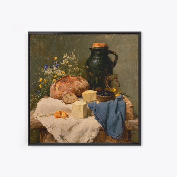 Rustic Bread Olives and Cheese Still Life Canvas Print, Dining Room Art, 3 Piece Wall Art, Dining Room Decor, Oil Painting, DRA-1x1-30