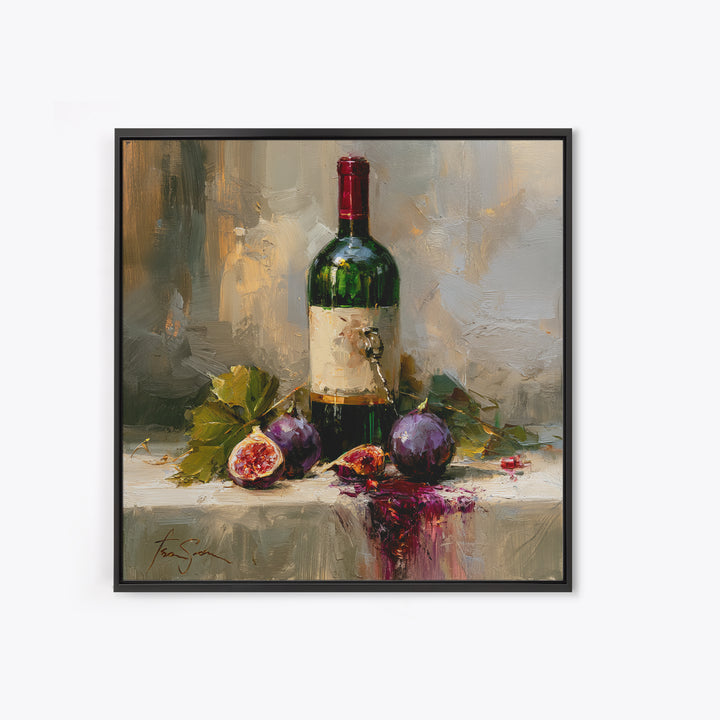 Wine Bottle and Figs on a Linen Framed Canvas Print, Dining Room Art, Coastal Wall Art, Dining Room Decor, Abstract Art, Dining, DRA-1x1-51