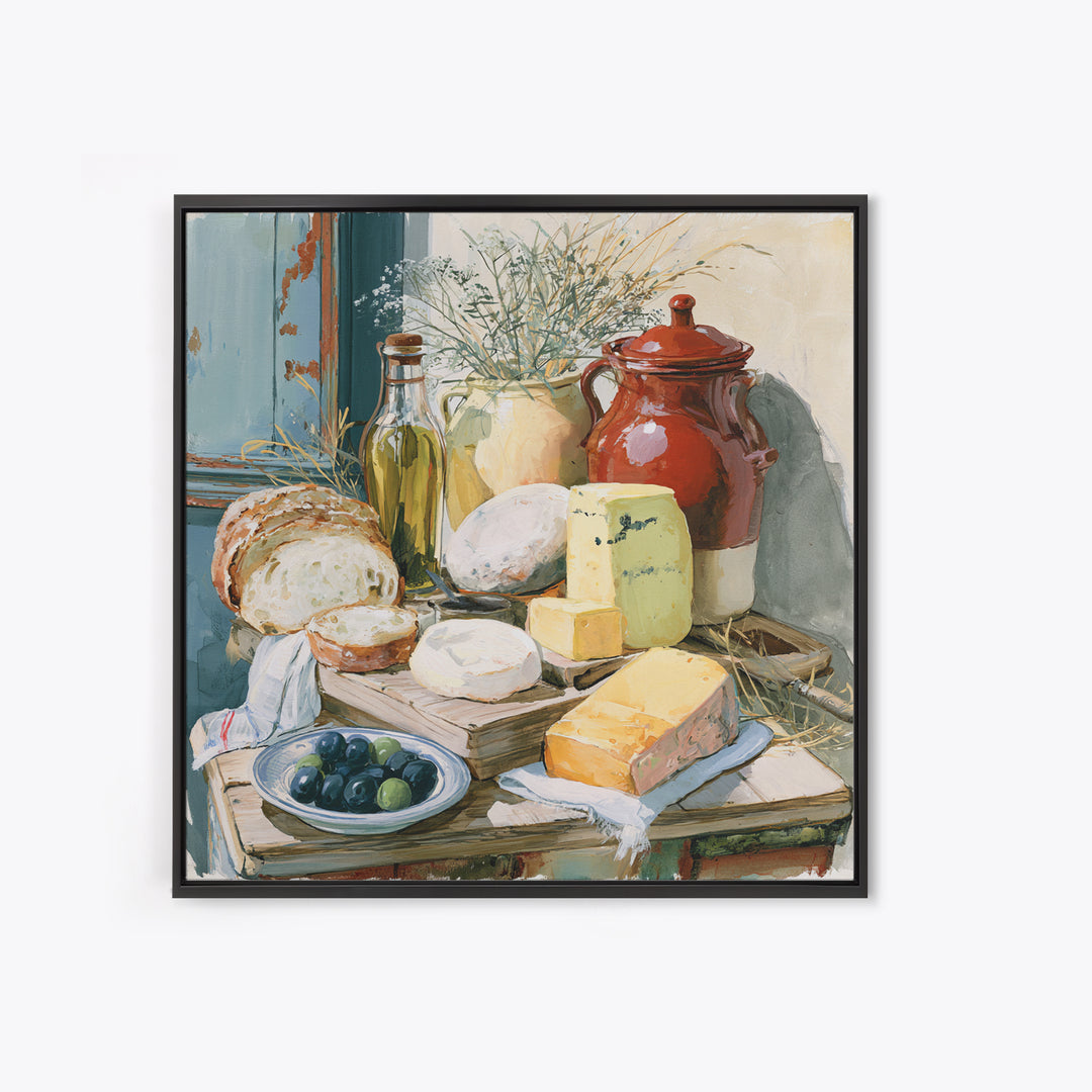 Rustic Bread Olives and Cheese Still Life Canvas Print, Dining Room Art, 3 Piece Wall Art, Dining Room Decor, Oil Painting, DRA-1x1-54