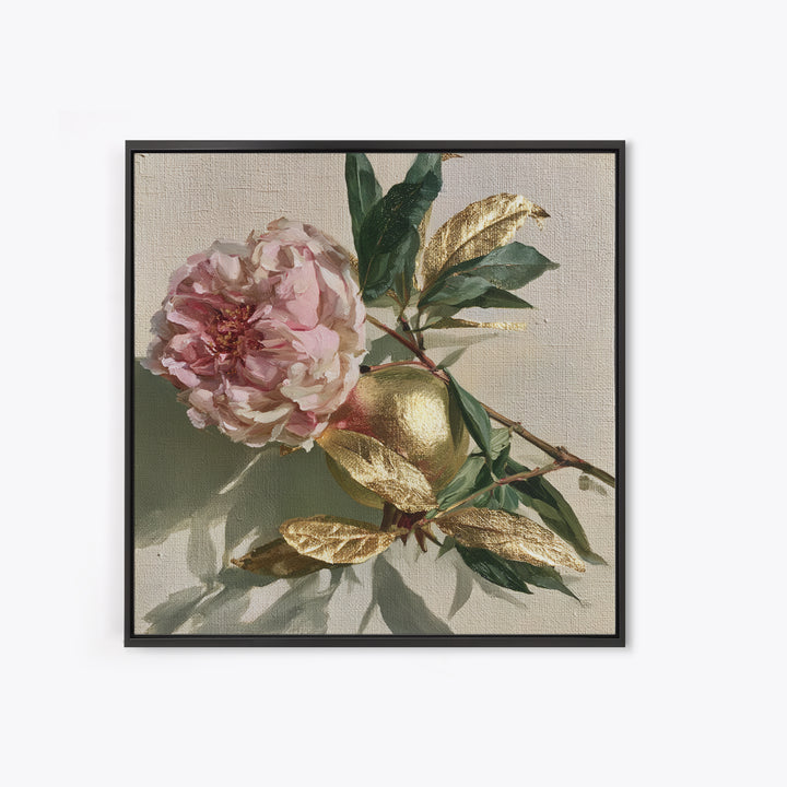 Pomegranate and Gold Leaf Botanical Study Framed Canvas Print, Dining Room Art, Bedroom Decor, Dining Room Decor, Dining, DRA-1x1-56