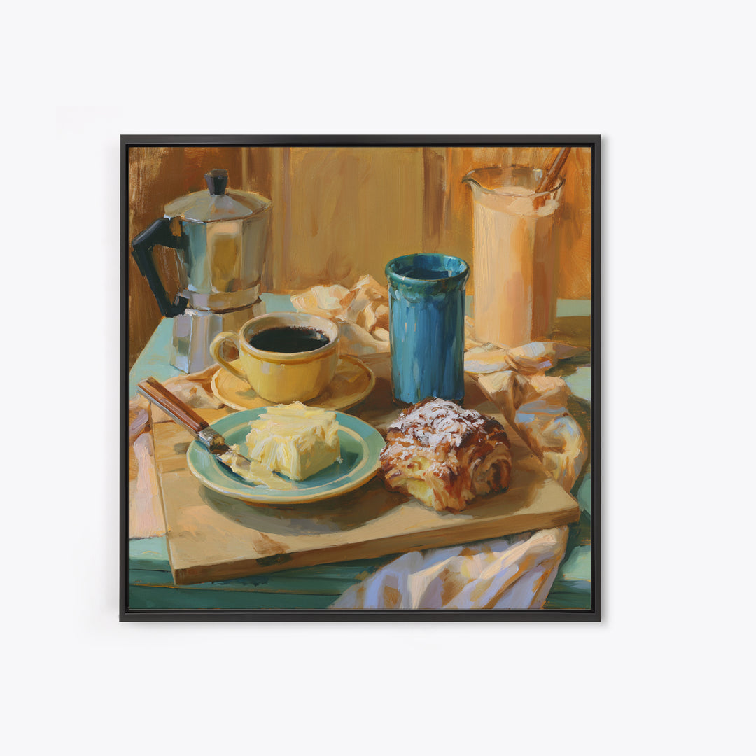Coffee and Pastry Scene for Breakfast Nook Framed Canvas Print, Dining Room Art, Kitchen Wall Decor, Dining Room Decor, Dining, DRA-1x1-62