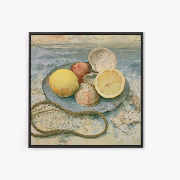Shellfish and Lemon Still Life Framed Canvas Print, Dining Room Art, Abstract Wall Art, Dining Room Decor, Fine Art, Dining, DRA-1x1-64