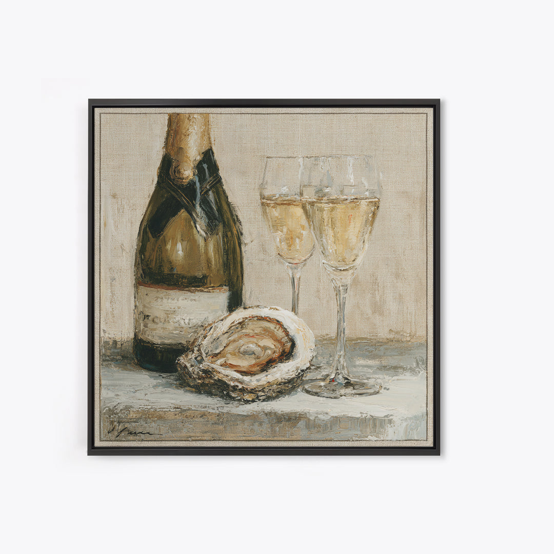 Elegant Oyster and Champagne Still Life Framed Canvas Print, Dining Room Art, Bedroom Decor, Dining Room Decor, Dining, DRA-1x1-7